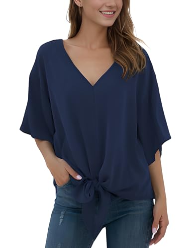 Anelune Damen Chiffon Blusen mit V-Ausschnitt und Bindung vorne Fledermausärmel Kurzarm Sommerliche Oberteile und Hemden Marineblau M von Anelune