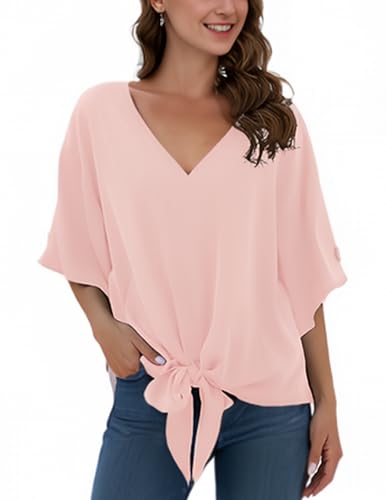 Anelune Damen Chiffon Blusen mit V-Ausschnitt und Bindung vorne Fledermausärmel Kurzarm Sommerliche Oberteile und Hemden Rosa S von Anelune