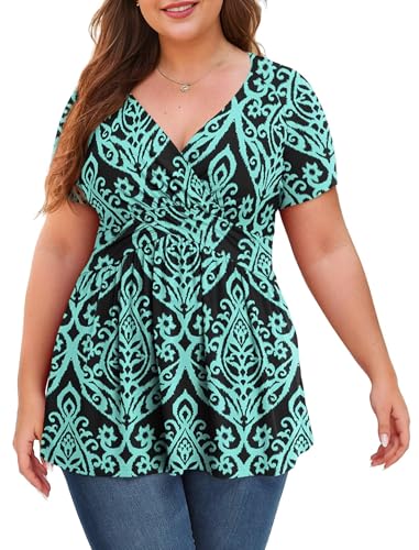 Anelune Damen Große Größen Oberteile Sommer Kurzarm Tunika V-Ausschnitt Bequem Weites Shirt Casual Blusen Größe L-4XL Blume Schwarz Grün von Anelune