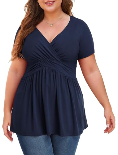 Anelune Damen Große Größen Oberteile Sommer Kurzarm Tunika V-Ausschnitt Bequem Weites Shirt Casual Blusen Größe L-4XL Marineblau von Anelune