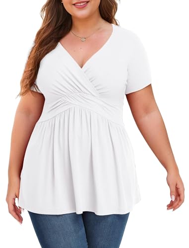 Anelune Damen Große Größen Oberteile Sommer Kurzarm Tunika V-Ausschnitt Bequem Weites Shirt Casual Blusen Größe L-4XL weiß von Anelune