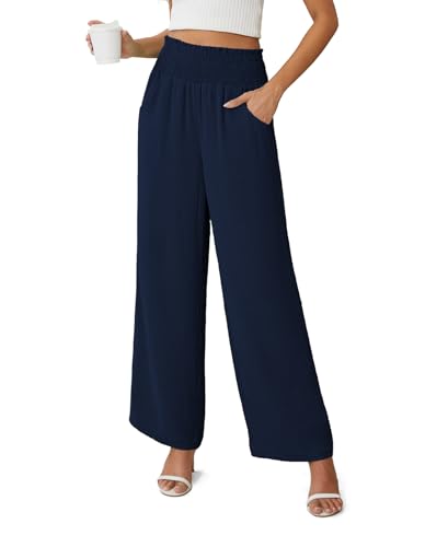 Anelune Damen Hosen Sommer Leicht Weite Hose Hohe Taille Mit Taschen Dunkelblau M von Anelune