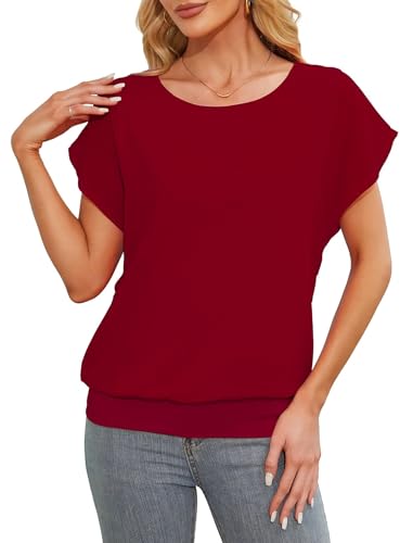 Anelune Damen Tops Sommer Locker Kurzarm Bluse Chiffon Elegante Leichte T-Shirts für Frauen Lässi Red Flowy Oberteile Weinrot M von Anelune