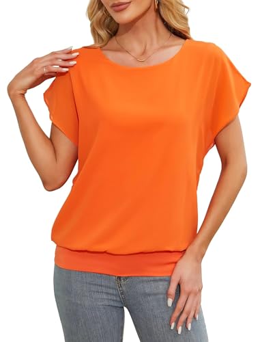 Anelune Damen Tops Sommer Locker Kurzarm Bluse Chiffon Elegante Leichte T-Shirts für Frauen Lässige Flowy Oberteile Olange L von Anelune