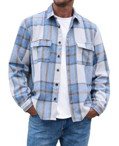 Anelune Flanellhemd Herren Langarm Kariert Flanellhemden bügelfrei Casual Button Down Freizeithemd Mit Brusttasche Normal Passform Beige-Blau von Anelune