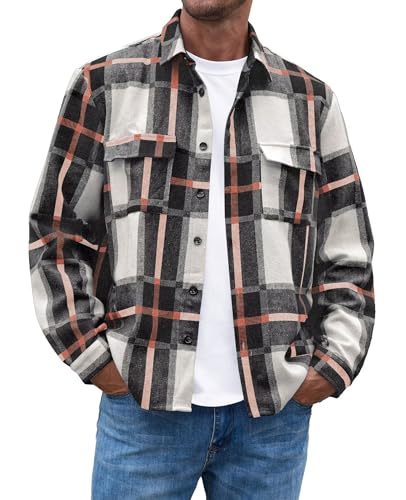 Anelune Flanellhemd Herren Langarm Kariert Flanellhemden bügelfrei Casual Button Down Freizeithemd Mit Brusttasche Normal Passform Grau Schwarz von Anelune