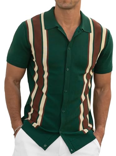 Anelune Herren Gestreiftes Kurzarm-Polo, Viertel-Reißverschluss Farbblock Strick, Einreihiger Cardigan Kurzarm Strick von Anelune