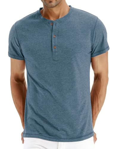 Anelune T-Shirts für Herren mit Knopfleiste Tshirt Herren Baumwolle Henley Shirt Herren Kurzarm für Jeden Tag Blau XL von Anelune