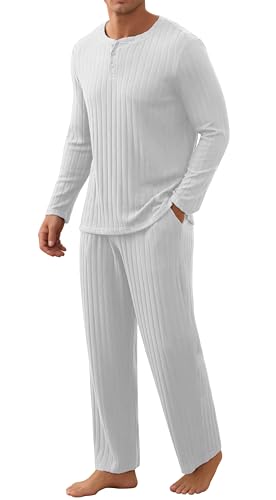 Anelune Herren Schlafanzug Set Casual Langarm gerippte Oberteile Weite Hosen mit Taschen 2 Stück Lounge Nachtwäsche S-2XL Grau von Anelune