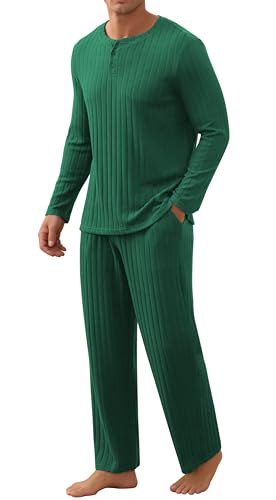 Anelune Herren Schlafanzug Set Casual Langarm gerippte Oberteile Weite Hosen mit Taschen 2 Stück Lounge Nachtwäsche S-2XL Grün von Anelune