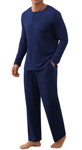 Anelune Herren Schlafanzug Set Casual Langarm gerippte Oberteile Weite Hosen mit Taschen 2 Stück Lounge Nachtwäsche S-2XL Marineblau von Anelune