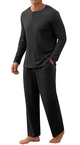 Anelune Herren Schlafanzug Set Casual Langarm gerippte Oberteile Weite Hosen mit Taschen 2 Stück Lounge Nachtwäsche S-2XL Schwarz von Anelune