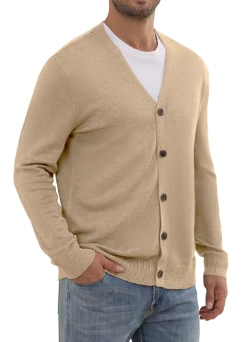 Anelune Herren Vintage Strickjacke mit Knöpfen,V-Ausschnitt Cardigan im Striped Design,Gestricktes Leichtgewicht,Beige von Anelune