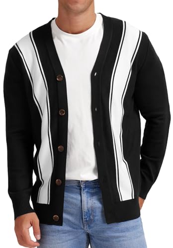 Anelune Herren Vintage Strickjacke mit Knöpfen,V-Ausschnitt Cardigan im Striped Design,Gestricktes Leichtgewicht,Gestreift Schwarz Weiß von Anelune