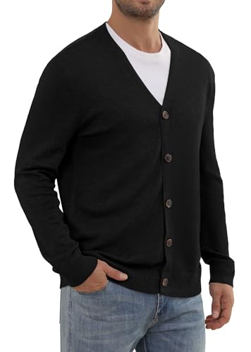 Anelune Herren Vintage Strickjacke mit Knöpfen,V-Ausschnitt Cardigan im Striped Design,Gestricktes Leichtgewicht,Schwarz von Anelune