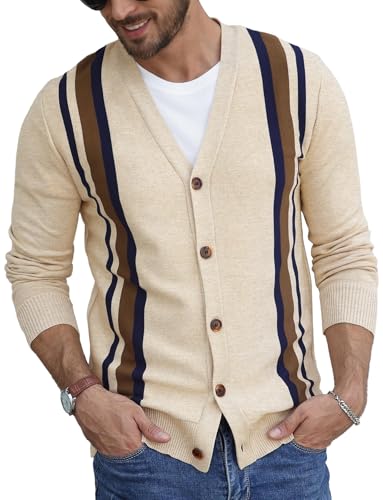 Anelune Herren Vintage Strickjacke mit Knöpfen,V-Ausschnitt Cardigan im Striped Design,Gestricktes Leichtgewicht,Streifen Beige Braun von Anelune