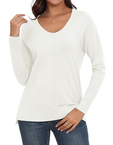 Anelune Pullover Damen V-Ausschnitt Langarm Winter Damen Pullover Leichter Pullover für Damen Beige Weiß M von Anelune