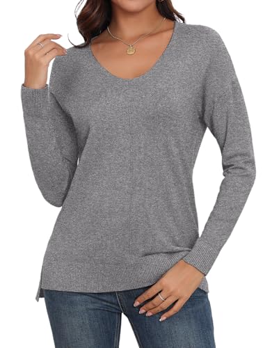 Anelune Pullover Damen V-Ausschnitt Langarm Winter Damen Pullover Leichter Pullover für Damen Grau M von Anelune