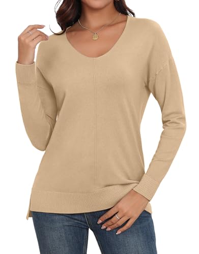 Anelune Pullover Damen V-Ausschnitt Langarm Winter Damen Pullover Leichter Pullover für Damen Khaki XL von Anelune