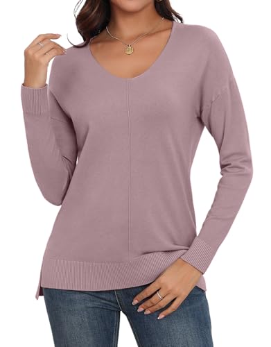 Anelune Pullover Damen V-Ausschnitt Langarm Winter Damen Pullover Leichter Pullover für Damen Violett Grau M von Anelune