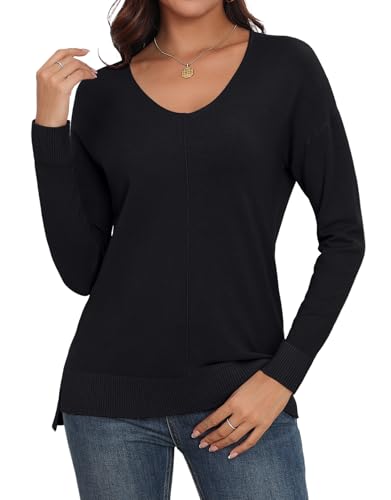Anelune Damen Pullover V-Ausschnitt Langarm Winter Schwarz L von Anelune