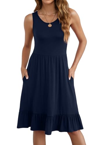 Anelune Sommerkleid Damen Leicht und Luftig Damenkleider Sommer Knielang Freizeit Trägerkleid für Jeden Tag Marineblau XXL von Anelune