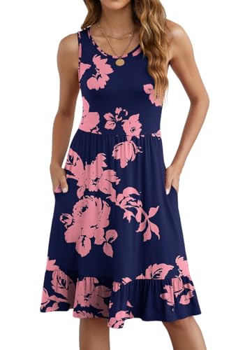 Anelune Sommerkleider Damen Leicht und Luftig, Elegante Ärmellos Knielang Kleider Strandkleid Damen für Jeden Tag Navy Blue Rose M von Anelune