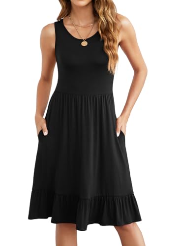 Anelune Sommerkleid Damen Leicht und Luftig Damenkleider Sommer Knielang Freizeit Trägerkleid für Jeden Tag Schwarz M von Anelune