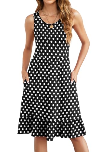 Anelune Sommerkleid Damen Leicht und Luftig Damenkleider Sommer Knielang Freizeit Trägerkleid für Jeden Tag Schwarz Polka Dot L von Anelune