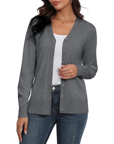 Anelune Strickjacken für Damen Leichter Strickjacke Damen Sommer mit V-Ausschnitt Cardigan Damen Sommer Dunkelgrau XL von Anelune