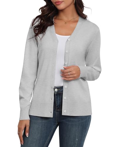 Anelune Strickjacke Damen Herbst Langarm V-Ausschnitt mit Knopf Dünne Cardigan Damen Herbst Winter Spring Sommer Hellgrau XXL von Anelune
