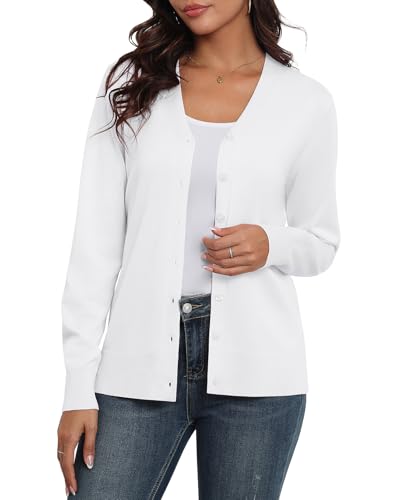Anelune Strickjacken für Damen Leichter Strickjacke Damen Sommer mit V-Ausschnitt Cardigan Damen Sommer Weiß XL von Anelune