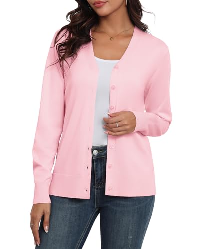 Anelune Strickjacken für Damen Leichter Strickjacke Damen Sommer mit V-Ausschnitt Cardigan Damen Sommer Rosa L von Anelune