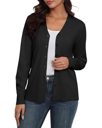 Anelune Strickjacken für Damen Leichter Strickjacke Damen Sommer mit V-Ausschnitt Cardigan Damen Sommer Schwarz XL von Anelune
