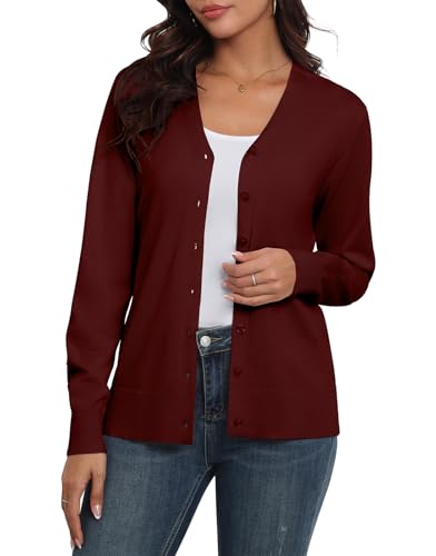 Anelune Strickjacken für Damen Leichter Strickjacke Damen Sommer mit V-Ausschnitt Cardigan Damen Sommer Weinrot S von Anelune