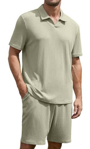 Anelune Trainingsanzug Herren Sommer Sportanzug Herren 2 Teiliges Kurzarm T-Shirts Kurze Hose Freizeitanzug für Jeden Tag Grün L von Anelune