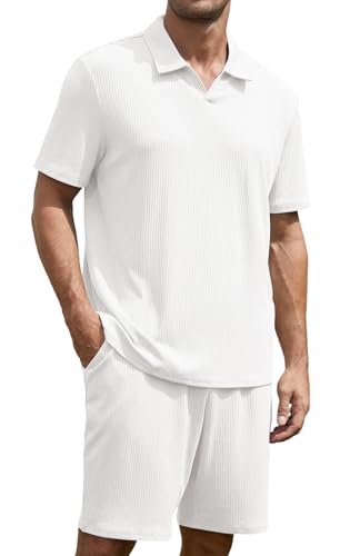 Anelune Trainingsanzug Herren Sommer Sportanzug Herren 2 Teiliges Kurzarm T-Shirts Kurze Hose Freizeitanzug für Jeden Tag Weiß M von Anelune