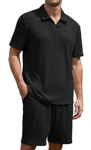 Anelune Trainingsanzug Herren Sommer Sportanzug Herren 2 Teiliges Kurzarm T-Shirts Kurze Hose Freizeitanzug für Jeden Tag schwarz L von Anelune