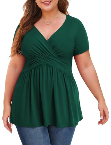 Damen Große Größen Oberteile Sommer Kurzarm Tunika V-Ausschnitt Bequem Weites Shirt Casual Blusen Größe L-4XL Dunkelgrü von Anelune