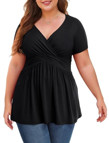 Anelune Damen Große Größen Oberteile Sommer Kurzarm Tunika V-Ausschnitt Bequem Weites Shirt Casual Blusen Größe L-4XL Schwarz von Anelune