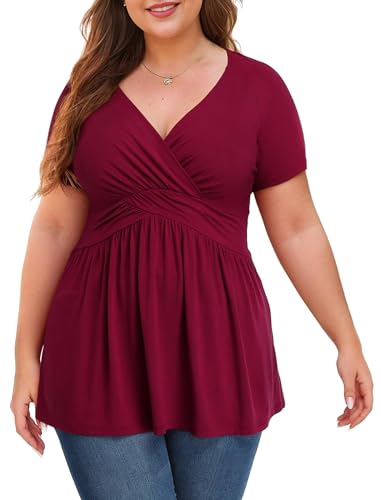 Anelune Damen Große Größen Oberteile Sommer Kurzarm Tunika V-Ausschnitt Bequem Weites Shirt Casual Blusen Größe L-4XL Weinrot von Anelune