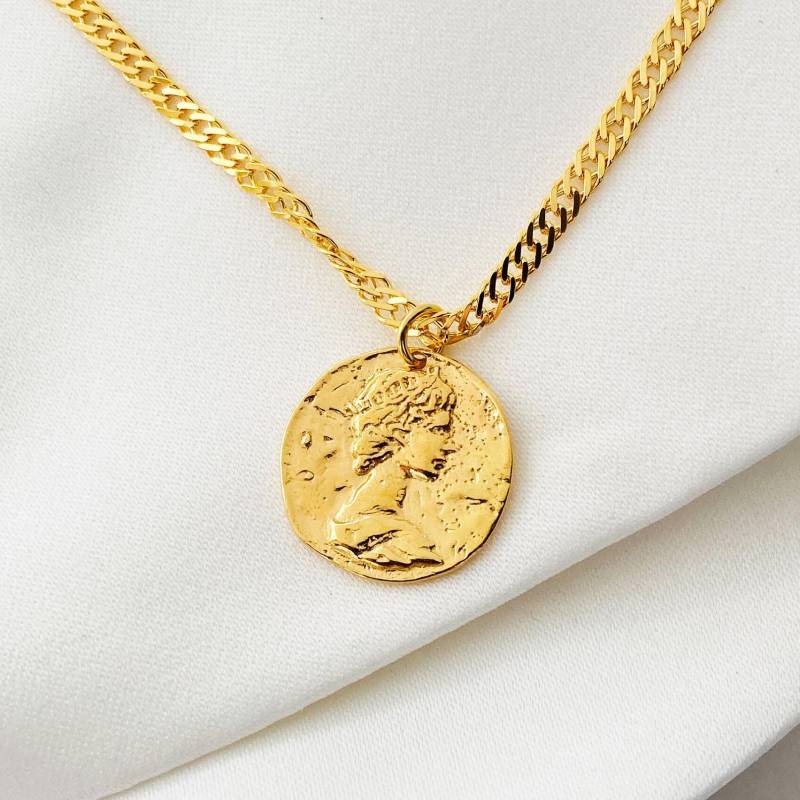 Goldmünze Medaillon Halskette, Disc Halskette Mit Frauen Gesicht, 24K Vergoldet Anhänger Geschenk Für Frau von AnemonAtelier