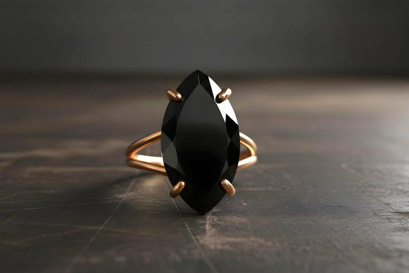 14K Rose Gold Ring Schwarzer Onyx Marquise Edelstein-Ringe Für Frauen Prong Cocktail Kundenring von AnemoneJewelry