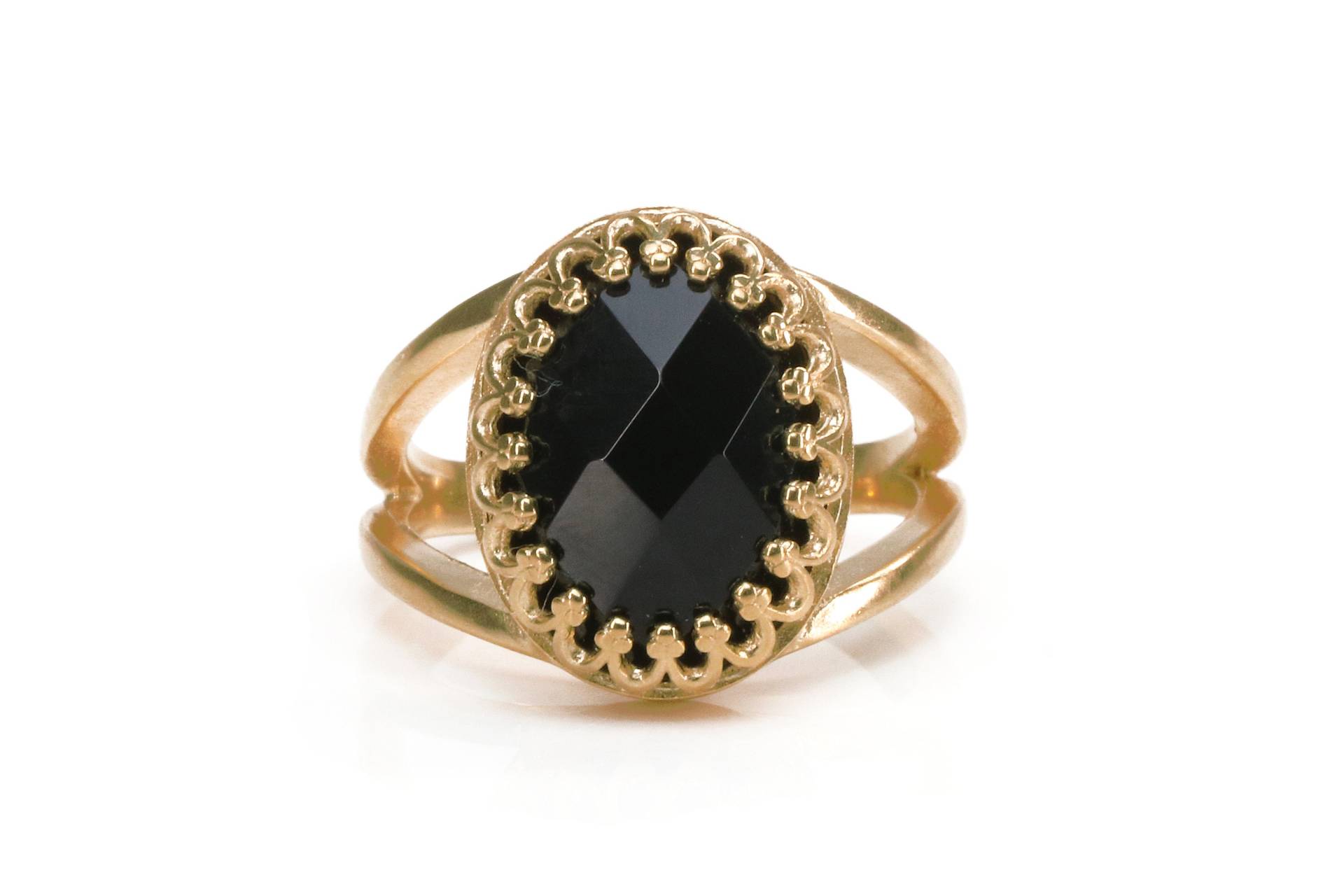 14K Rose Gold Ring Schwarzer Onyx Ovaler Edelsteinring Doppelbandring Rotgoldring von AnemoneJewelry