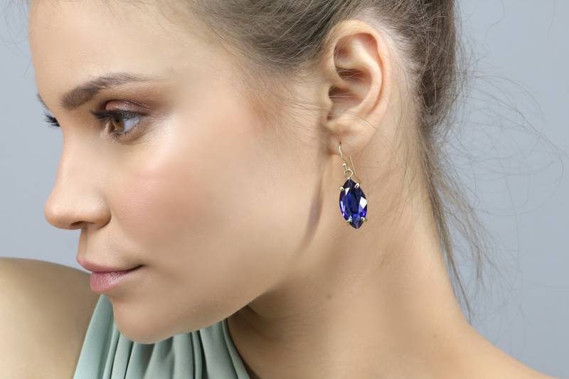 Blauer Saphir Ohrringe Kostbare Baumeln Marquise Edelstein Gold 18K Statement September von AnemoneJewelry