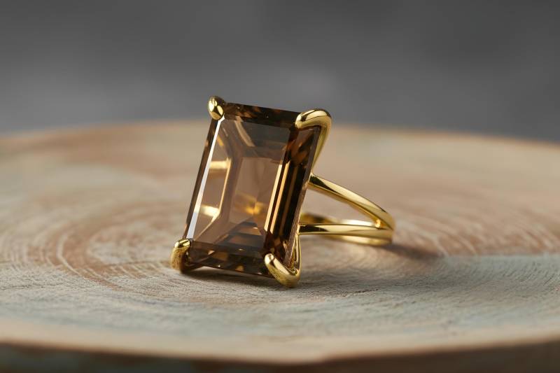 Gold Rauchquarz Ring Rechteck Braunquarz Solid Statement von AnemoneJewelry