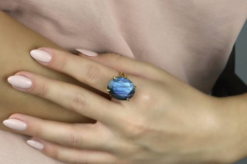 Labradorit Ring Goldring Edelsteinring Nach Maß Geburtsstein Gold-statement Oval Doppel-Band-Ring von AnemoneJewelry