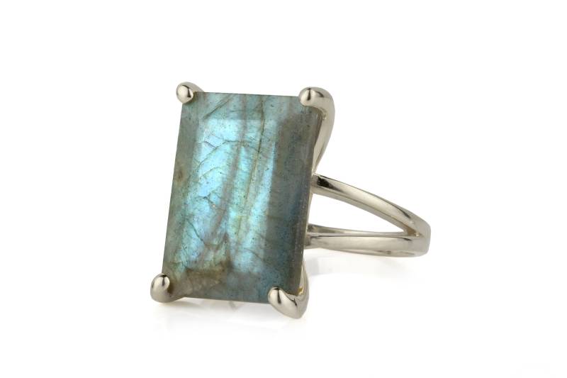 Labradorit Ring Silber Edelstein Rechteckig Rechteck Prong Cocktail von AnemoneJewelry