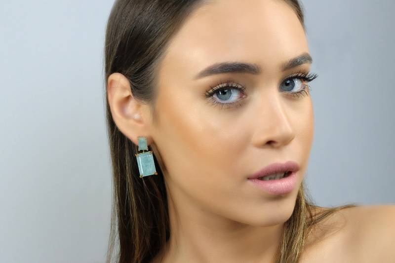 Lange Aquamarin Ohrringe Rechteckige 18K Gold März Geburtsstein Braut Statement von AnemoneJewelry