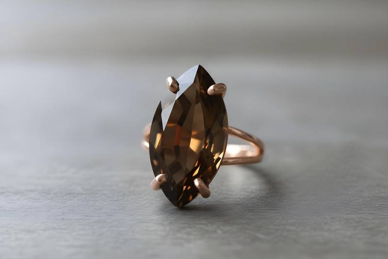 Rauchquarz Ring Marquise Langer Edelstein Brauner Roségold 14K Massivgold Verlobungsring von AnemoneJewelry